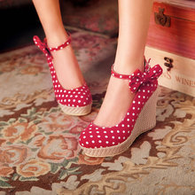 2014 spring fashion straw braid hemp-soled wedges dot bow banding bandage shallow mouth round toe shoes