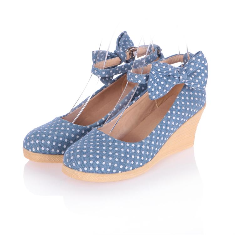 2014 women s spring shoes dot bow wedges single shoes cotton prints women s shoes small