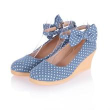 2014 women’s spring shoes dot bow wedges single shoes cotton prints women’s shoes small fresh