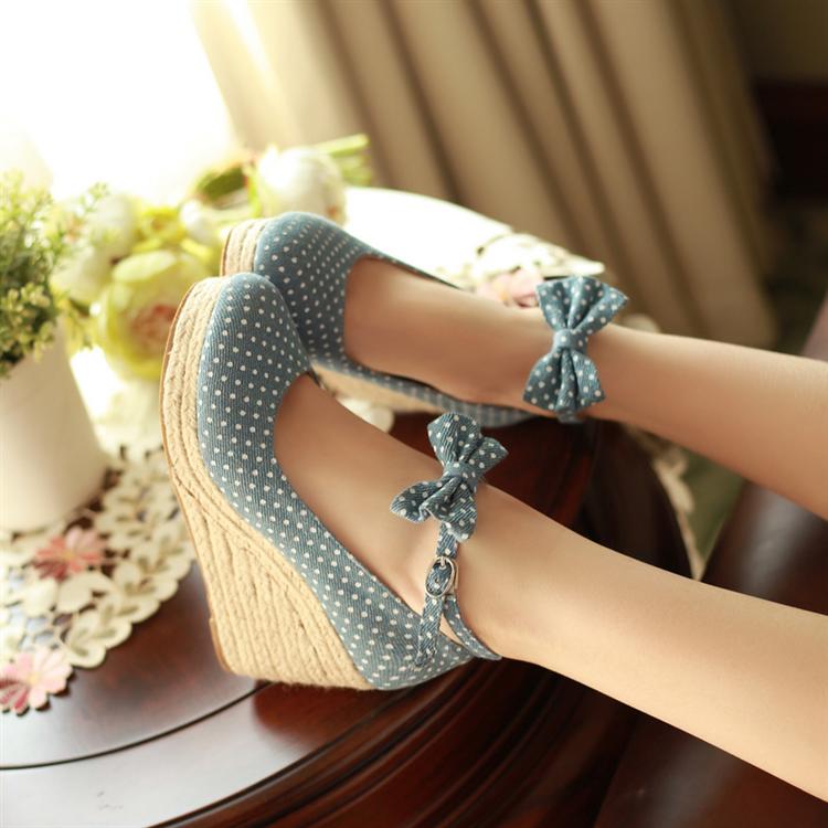Sweet dot women s wedges shoes belt leather buckle on straw bag canvas single shoes the