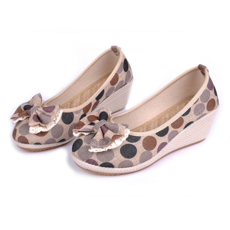 Spring dot canvas high heeled shoes bow wedges cow muscle women s outsole casual shoes cotton