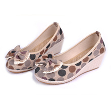 Spring dot canvas high-heeled shoes bow wedges cow muscle women’s outsole casual shoes cotton-made shoes