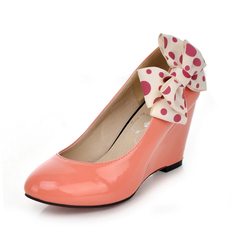 2014 women s spring and summer shoes fashion female high heeled round toe bow dot wedges