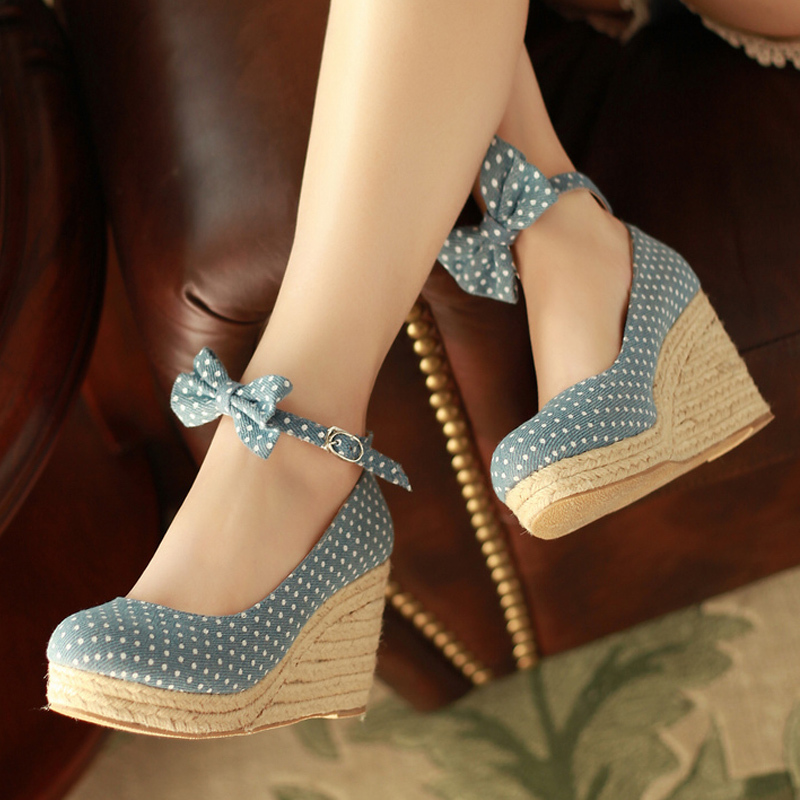 Dot bow denim high heeled wedges single shoes platform spring and autumn 34 women s small