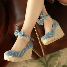 Dot bow denim high-heeled wedges single shoes platform spring and autumn 34 women’s small yards shoes