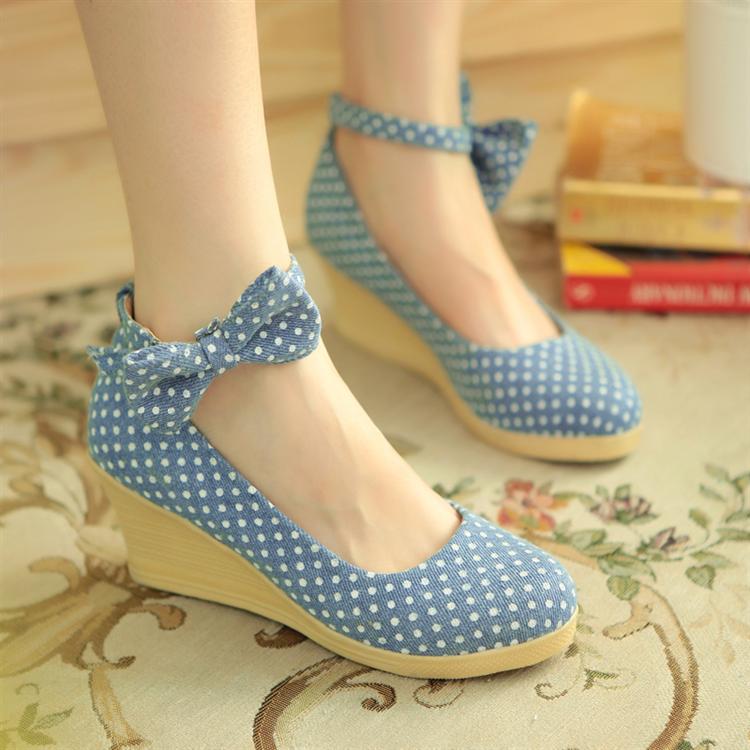 2014 wedges single shoes female sweet bow cotton made women s high heeled 