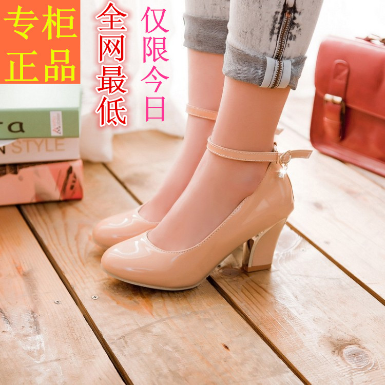 Banding bandage thick heel high heeled japanned leather round toe solid color all match single shoes