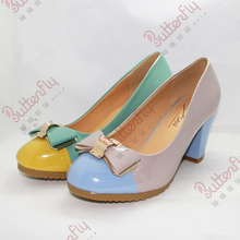 2014 spring shallow mouth color block decoration shoes thick heel shoes a802-2