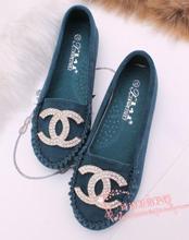 Spring metal rhinestone buckle cowhide genuine leather single shoes shallow mouth comfortable round toe shoes driving shoes