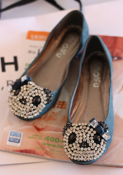 Buling i rhinestone bow beaded single shoes genuine pigskin leather flat heel shoes shallow mouth women