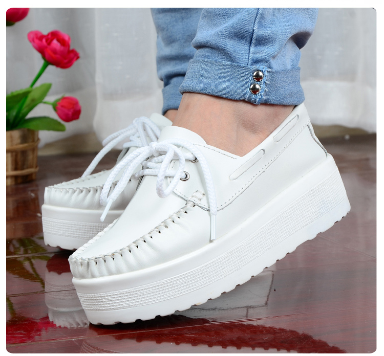 2014 women s shoes genuine leather platform wedges Moccasins all match platform solid color lacing casual