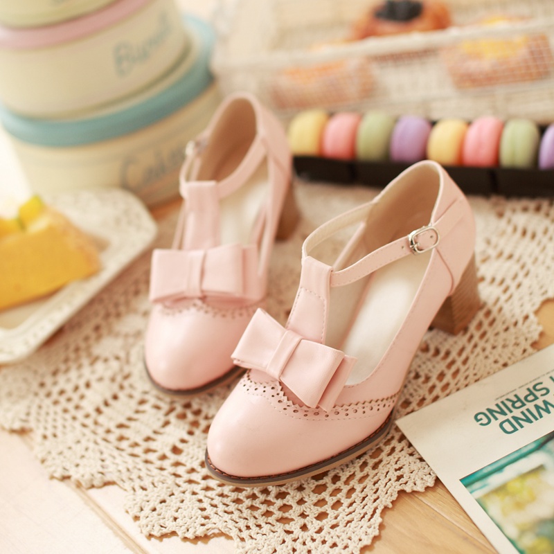 2014 spring shoes sweet bow t hasp thick heel single shoes