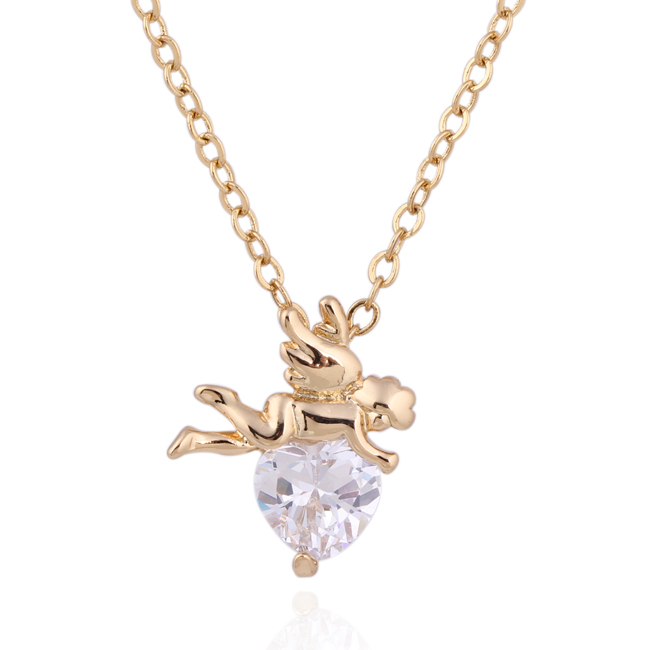 Wholesale Fashion 18K Yellow Gold Plated White Heart CZ Stylish Cupid Pendant Necklace