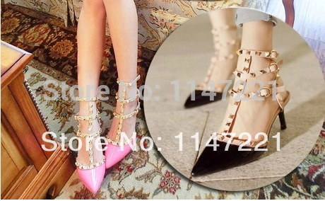 2014 summer genuine leather liner japanned leather rivets pointed toe women s high heeled shoes female