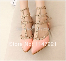 2014 summer genuine leather liner japanned leather rivets pointed toe women s high heeled shoes female