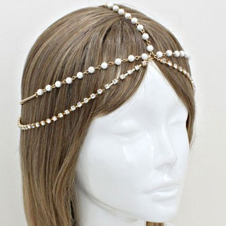 Bohemian Gold Pearl Double Layer Head Chain Headpiece Grecian headchain House Harlow Style Gypsy head jewelry