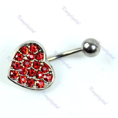 M112 Red Heart Crystal Surgical Steel Navel Belly Button Ring Body Piercing Jewelry