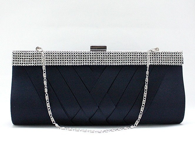 Fashion Navy Blue Ladies Satin Rhinestone Clutch handbag Evening Bag Banquet Party Purse Makeup Bag Free