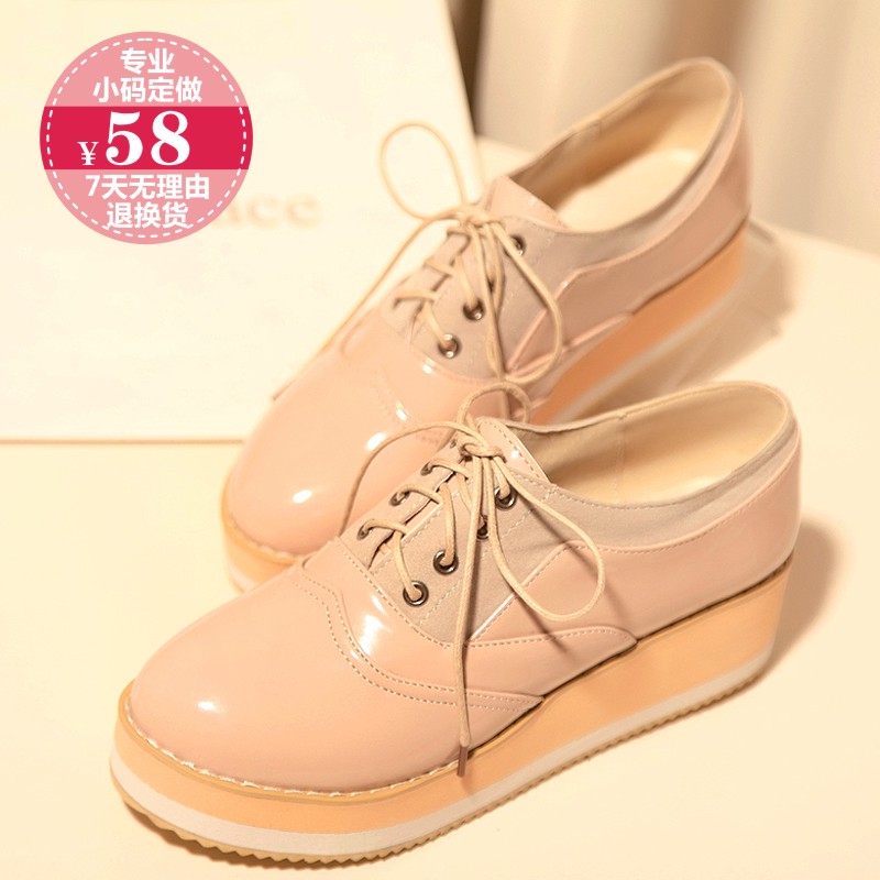 Spring lacing platform single shoes 32 japanned leather wedges casual shoes nude color women s small