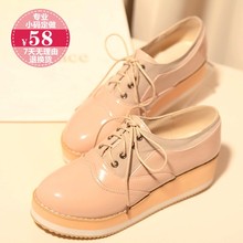 Spring lacing platform single shoes 32 japanned leather wedges casual shoes nude color women’s small yards 31 32 33