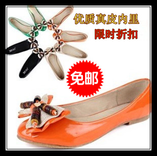 2013 spring and summer liner genuine leather casual shoes bow japanned leather single shoes round toe