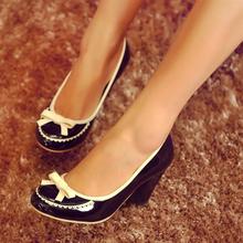 2014 spring sweet bow color block decoration thick heel single shoes princess high-heeled shoes women’s shoes
