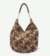 Coffee Brown Handmade Ladies’ Linen Beaded Shoulder Bag Handbag Evening Bag ShoppingBag Free Shipping 2509-A