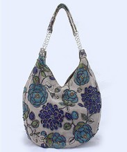 Blue Handmade Shoulder Bag Ladies’ Linen Beaded Handbag Evening Bag Shopping Bag Free Shipping 2509-RG