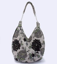 Blue Handmade Shoulder Bag Ladies Linen Beaded Handbag Evening Bag Shopping Bag Free Shipping 2509 RG