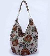 Blue Handmade Shoulder Bag Ladies Linen Beaded Handbag Evening Bag Shopping Bag Free Shipping 2509 RG