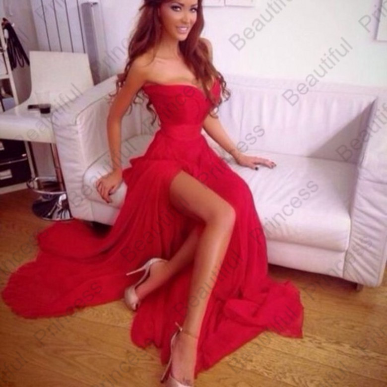 -2015-Red-Chiffon-Ruffle-Side-Slit-Evening-Dress-Red-Carpet-Celebrity ...