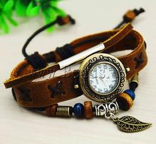 Free shipping relogio Cowhide Watch Bracelet african style jewelry with Wax Cord Wood Zinc Alloy plated