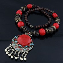 Fashion Bohemia Vintage Beads Stone Necklace Pendant Women Long Blue and Red Free Shipping Magi Jewelry
