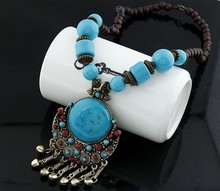 Fashion Bohemia Vintage Beads Stone Necklace Pendant Women Long Blue and Red Free Shipping Magi Jewelry