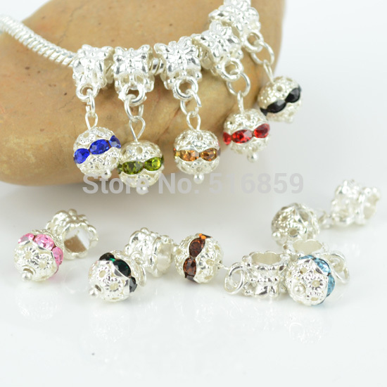 Free Shipping Wholesale 20PC Multicolor 8mm Inlay Rhinestone Alloy Round Ball Charms Loose Beads Fit Pandora