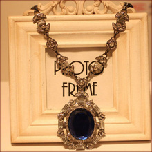 Free Shipping 2014 Hot Selling Vintage Big Blue Gems Set Drill Necklaces Pendant Fashion Jewlery Ribbon