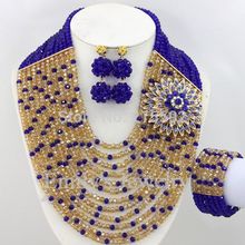 Unique Royal Blue Champagne African Beads Jewelry Set 12 Rows Fashion Nigerian Wedding Bridal Neckalce Set