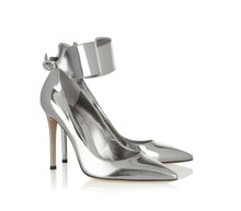 Fashion Silver Women Pumps Thin Heel Genuine Leather Party High Heels Women Shoes Lady Ankle Wrap