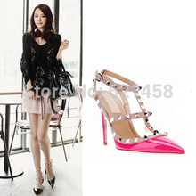 2014 New Summer Fashion Vintage Rivets Women High Heel Pointed Shoes Retro Sexy Candy Color Ladies Female Party Pumps