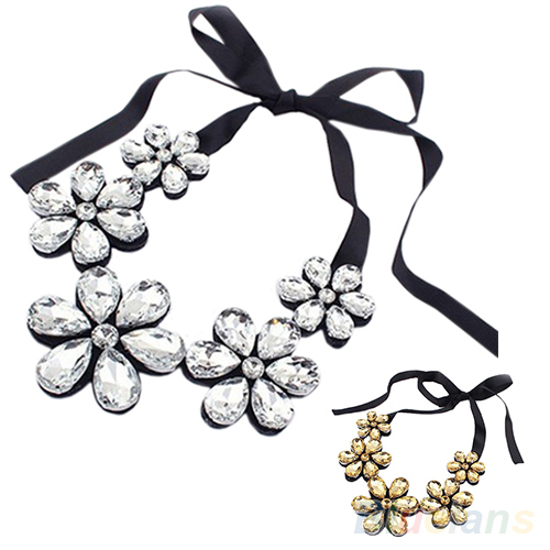 New Fashion exquisite Flower Ribbon Gem Petals charming Bib collar Necklace jewelry items 0311