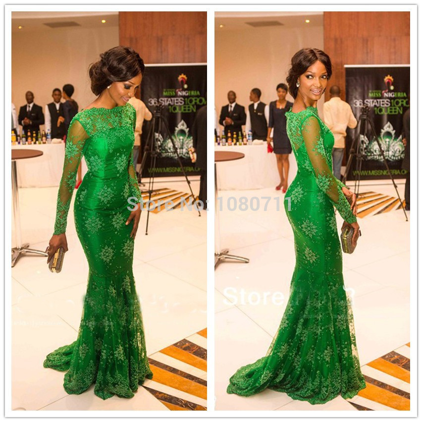 -Arrival-Sheer-Long-Sleeve-Miss-Nigeria-Green-Lace-Celebrity-Dresses ...