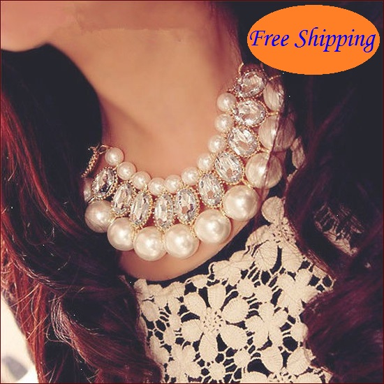 New 2014 Fine Jewlery Big Pearl Necklace Magnificent Pearl Shining Gems Ribbon Collar Necklace For Women