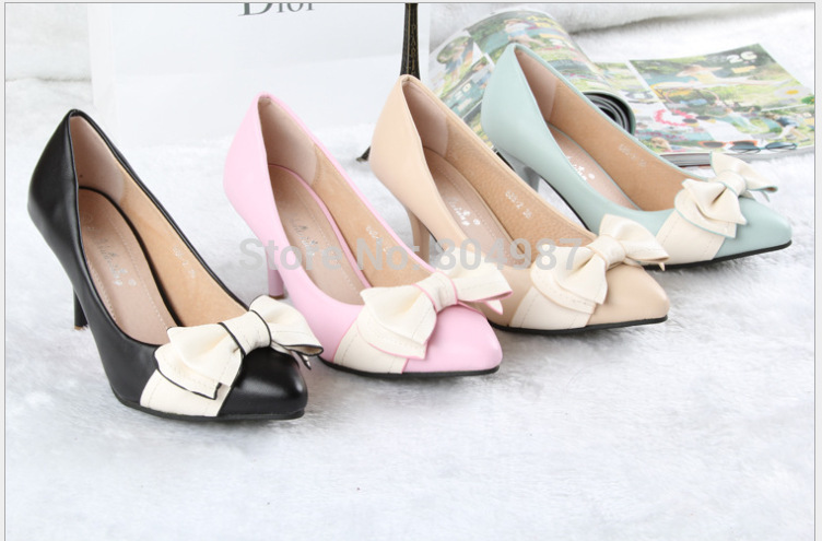Genuine Leather Women Pumps Autumn Sweet fashion Pointed Toe Kitten Heels Ladies Single Shoes With Bowtie