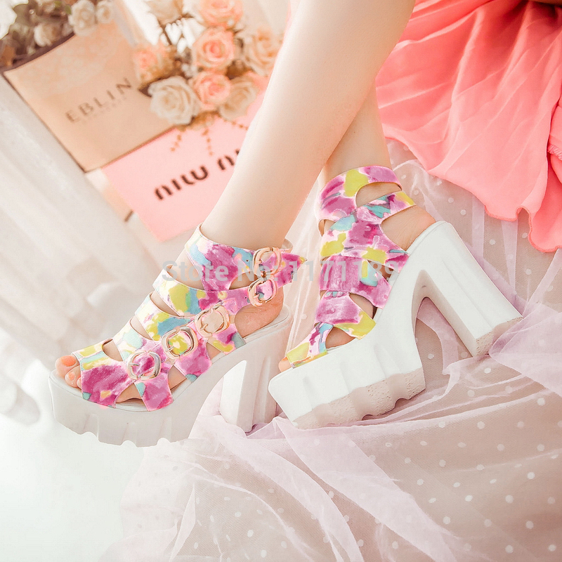 2014 Hot Women s Strapy Rome Gladiator Sandals Platform Peep Toe Pumps Chunky Buckle Creeper Shoes
