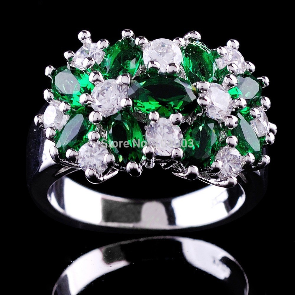 Emerald Flower White Gold Filled Ring Women s 10KT Finger Rings Lady Fashion Jewelry 2014 Big