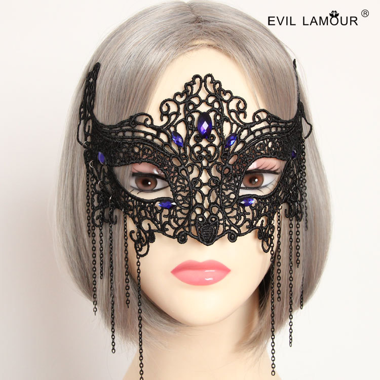 Sapphire stone crystal chain jewelry full face mask black lace mask vintage costume jewelry womens jewelry