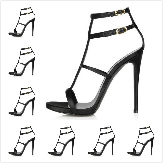 2014 Women s Design New Black Satin Double Buckle Ankle Strap Sandals Ladies Luxury Brand 12cm