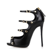 2014 Women s New Fashion Black Genuine Leather With Buckle Back Zipper Summer Ankle Sandals Boots