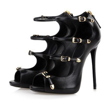 2014 Women s New Fashion Black Genuine Leather With Buckle Back Zipper Summer Ankle Sandals Boots
