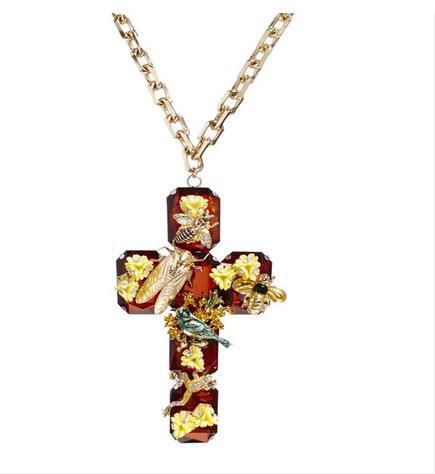 New2014 Vintage Royal court Insect Garden Flowers Big Gem Cross Honey Bee Frog pendent Necklace AS